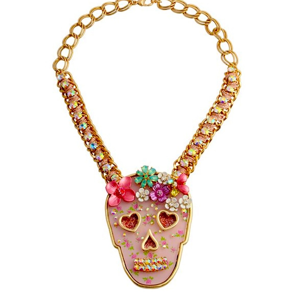 New Betsey Johnson Floral Skull Pendant Necklace
